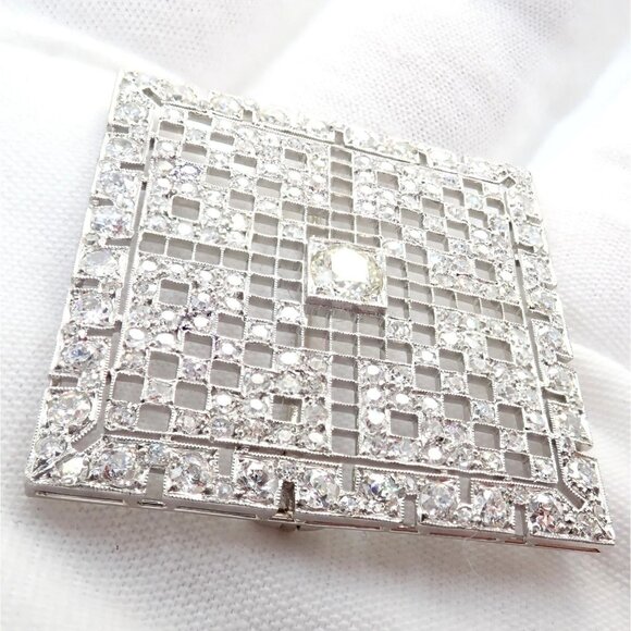 Vintage Estate Art Deco Platinum 5ctw Diamond Square Pin Brooch - Picture 8 of 10